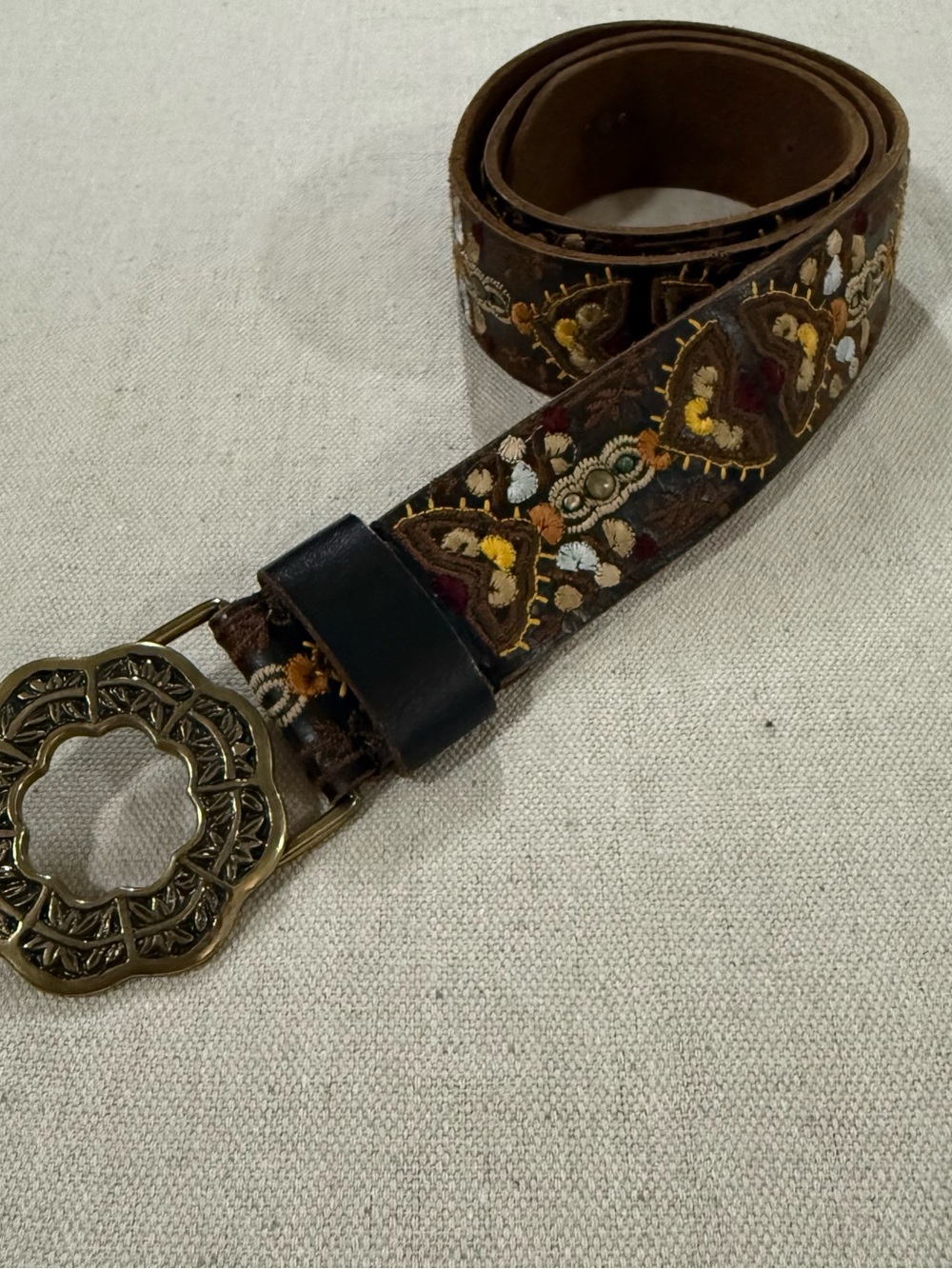 Lucky Brand Leather Belt L Embroidered Boho Western Floral Brass Buckle